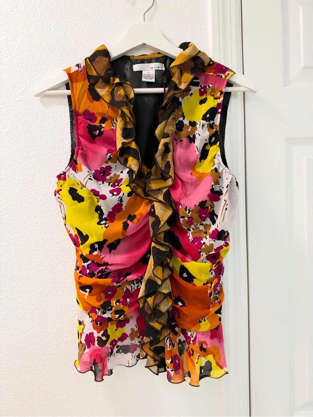 Vintage ruched ruffles floral leopard print chiffon sleeveless blouse y2k size 8